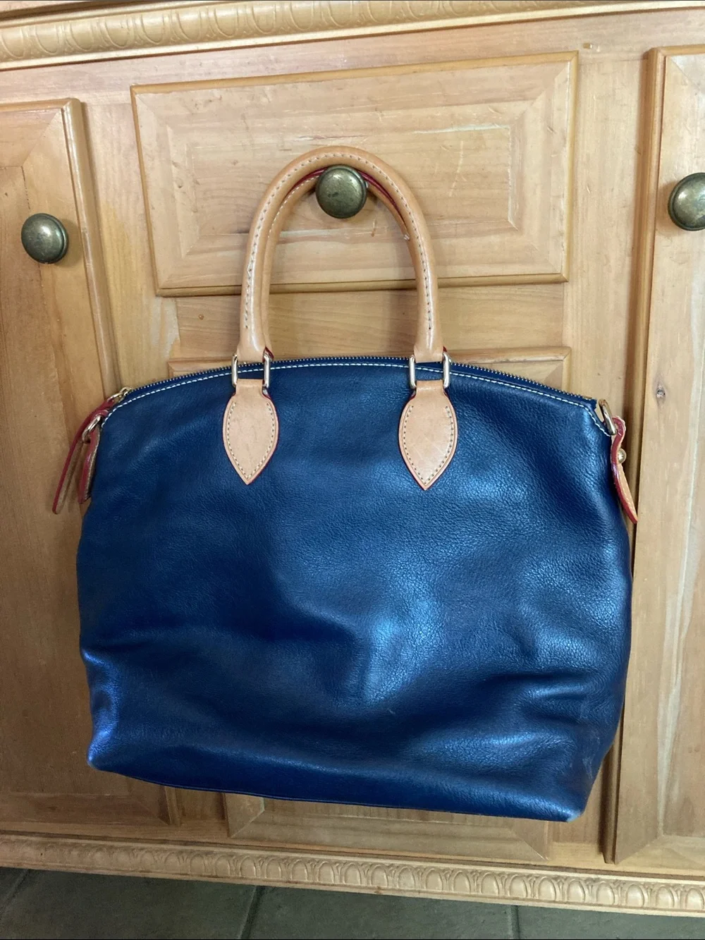 Dooney & Bourke Navy Leather Satchel with Tan Handles & Bag Protector